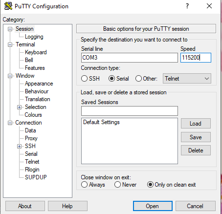 PuTTY window showing the connection settings required to access either the media buddy or SFP module