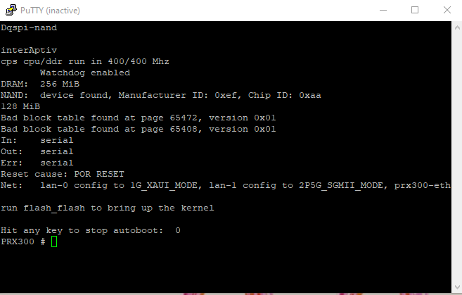 PuTTY window showing successful connection to a SFP stick